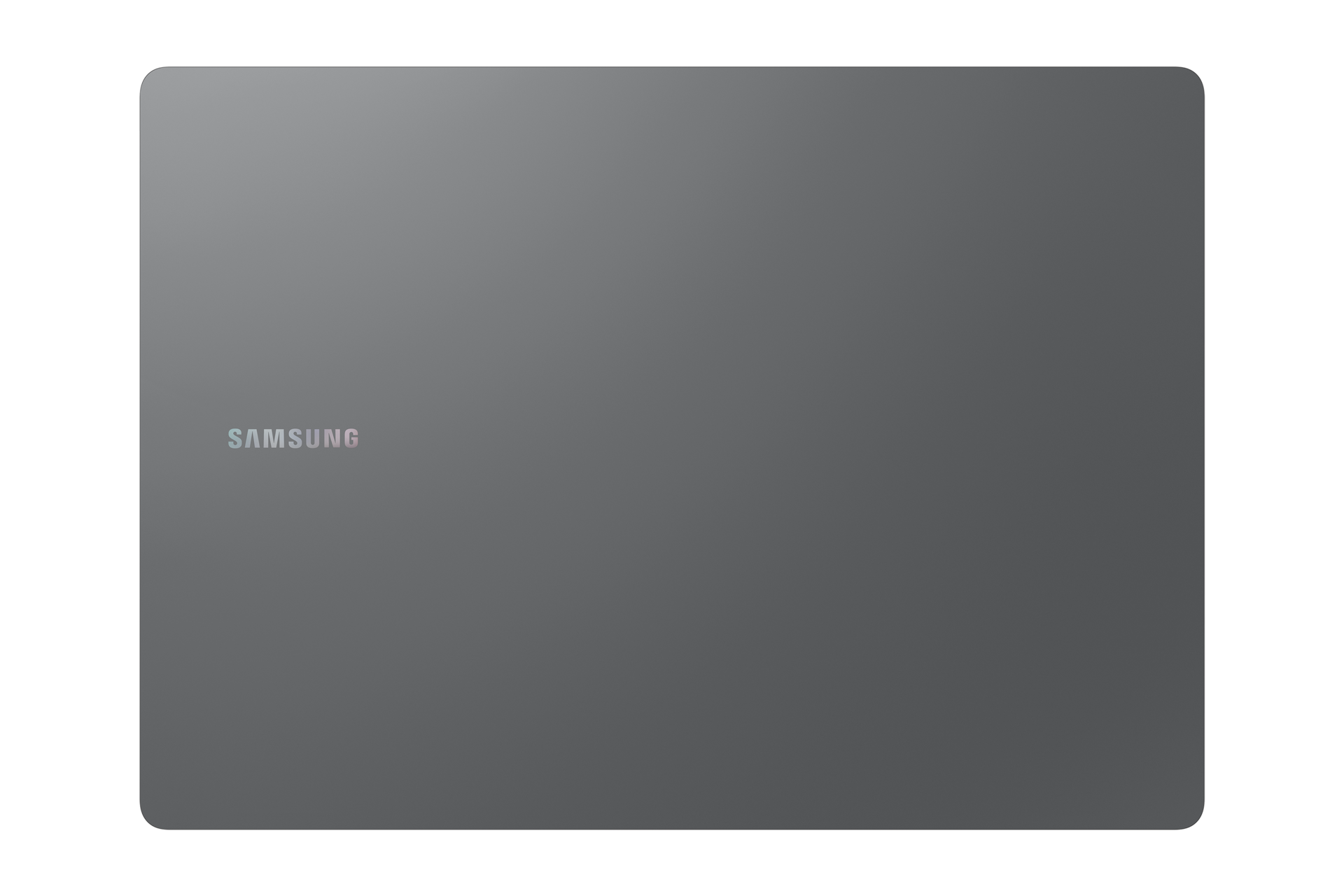 Szary laptop Samsung z widoczną nazwą marki na czarnej powierzchni.