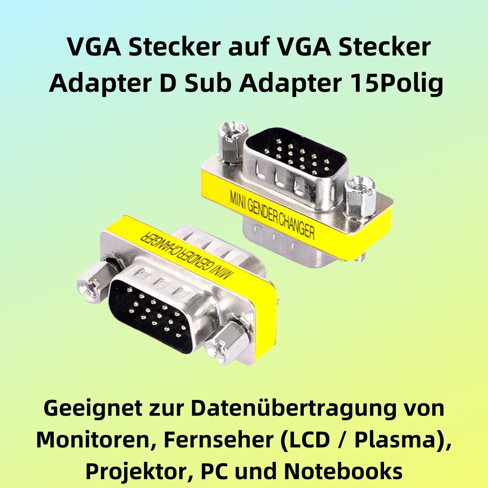 Zwei Mini Gender Changer Adapter, gelb und silber, mit Text und VGA-Anschlussbezeichnungen.