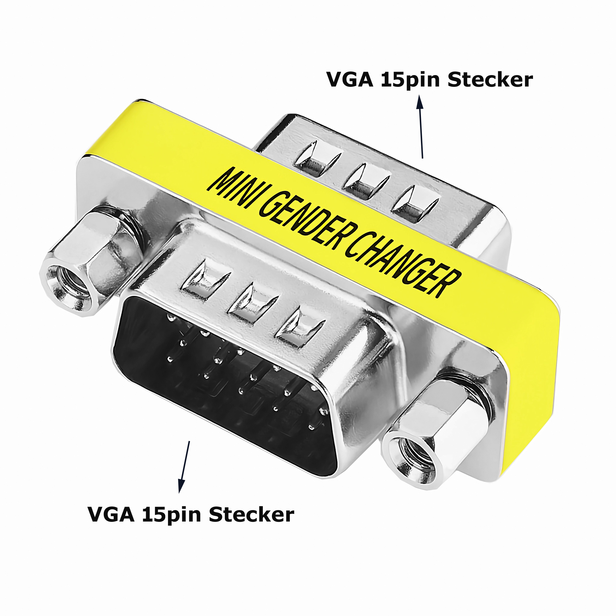 Ein gelber und silberner Mini Gender Changer Adapter, mit Text und Pfeilen, die VGA-Anschlüsse anzeigen.