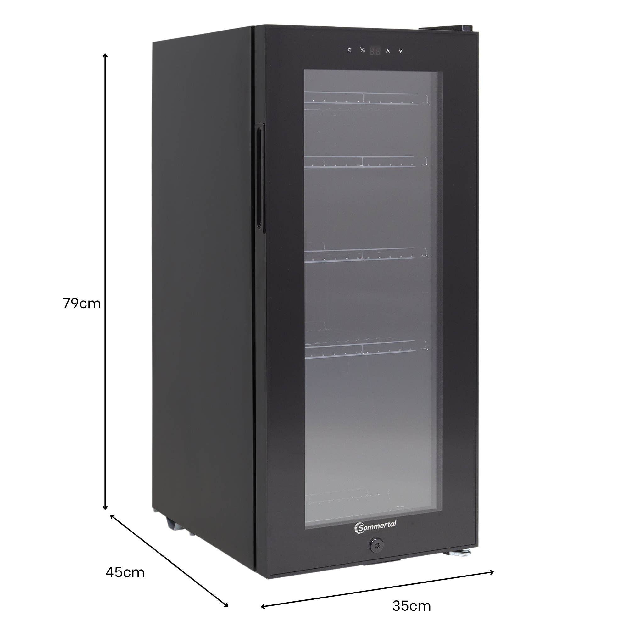Schwarzer Kühlschrank mit Glastür, Maße 79x45x35 cm. Zeigt Messungen.