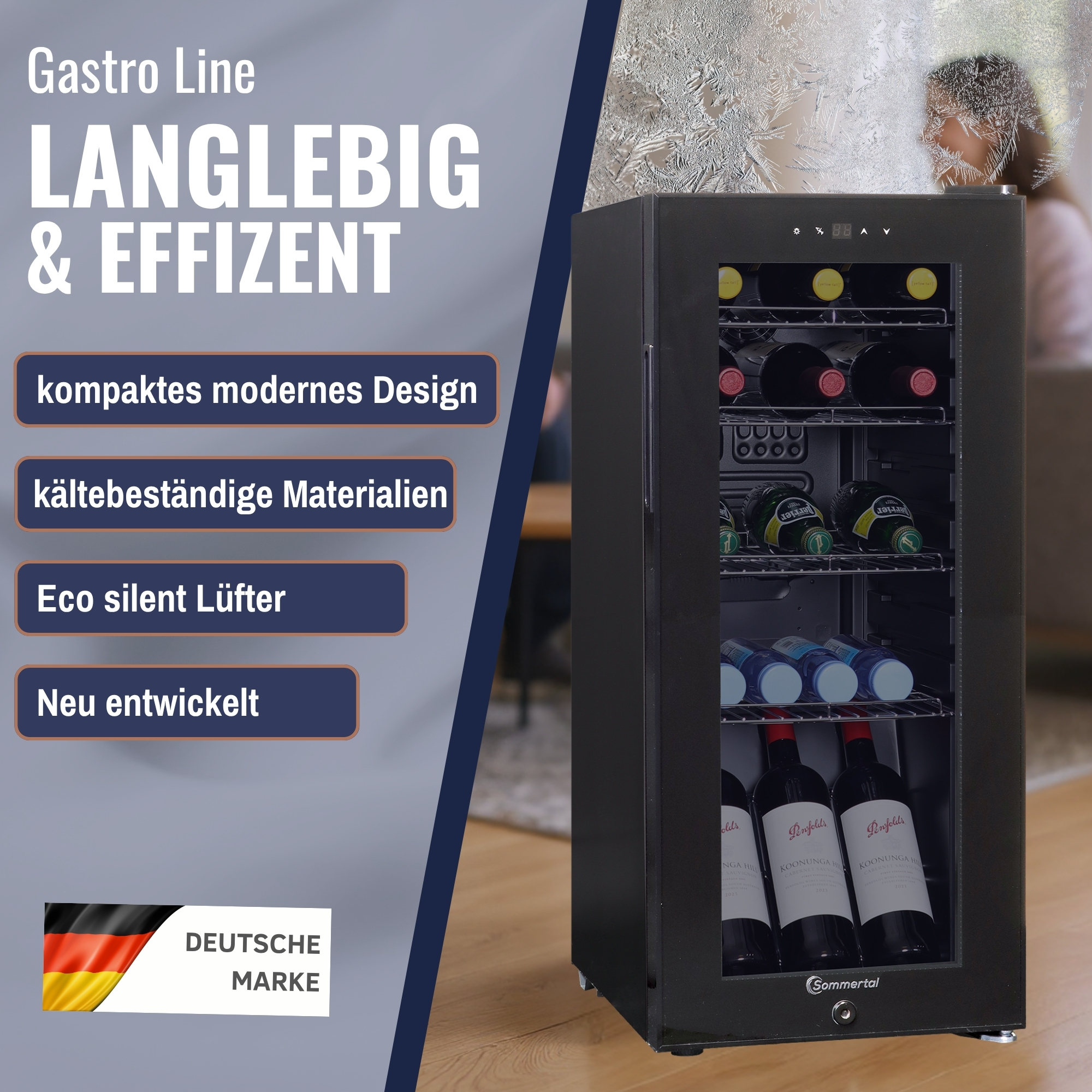 Weinkühler mit Text. Zeigt Flaschen, deutsche Flagge und Produktbeschreibung.