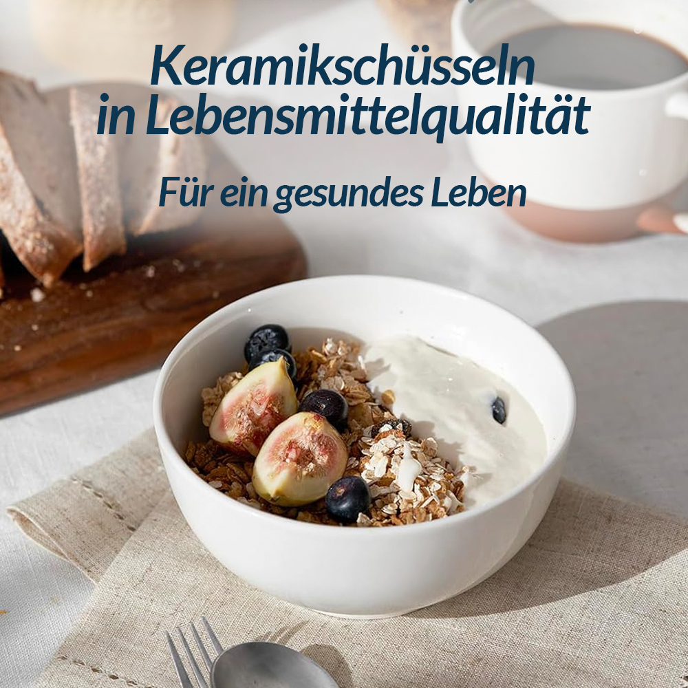 Una ciotola bianca con granola, fichi e mirtilli. Testo in tedesco: Keramikschüsseln in Lebensmittelqualität.