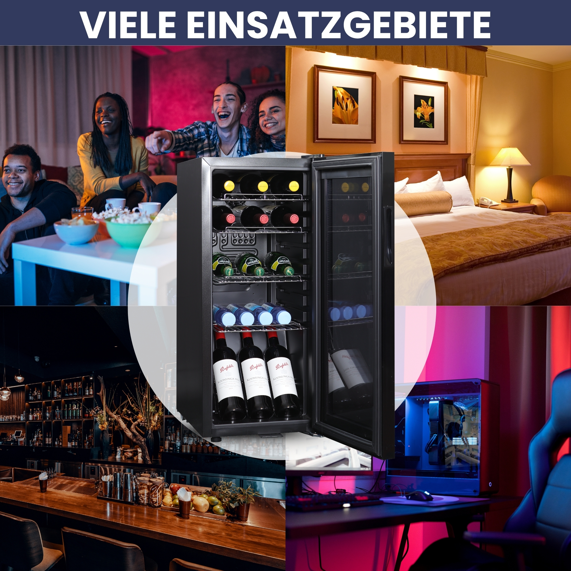 Verschiedene Einsatzorte des Weinkühlers: Fernsehen, Gaming, Hotelzimmer, Bar.