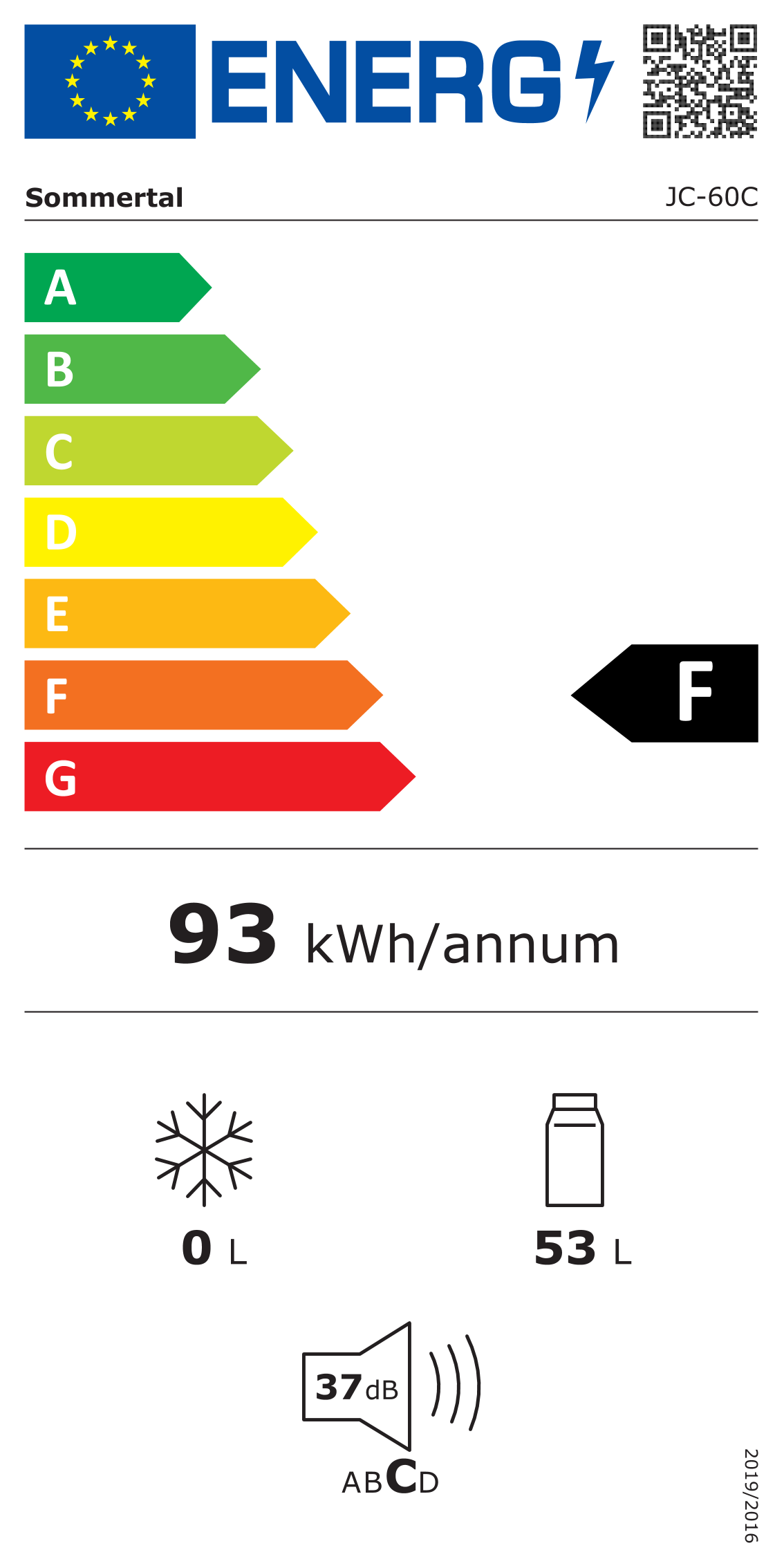 Energielabel für einen Kühlschrank. Zeigt Energieeffizienzklasse F, 93 kWh/Jahr.