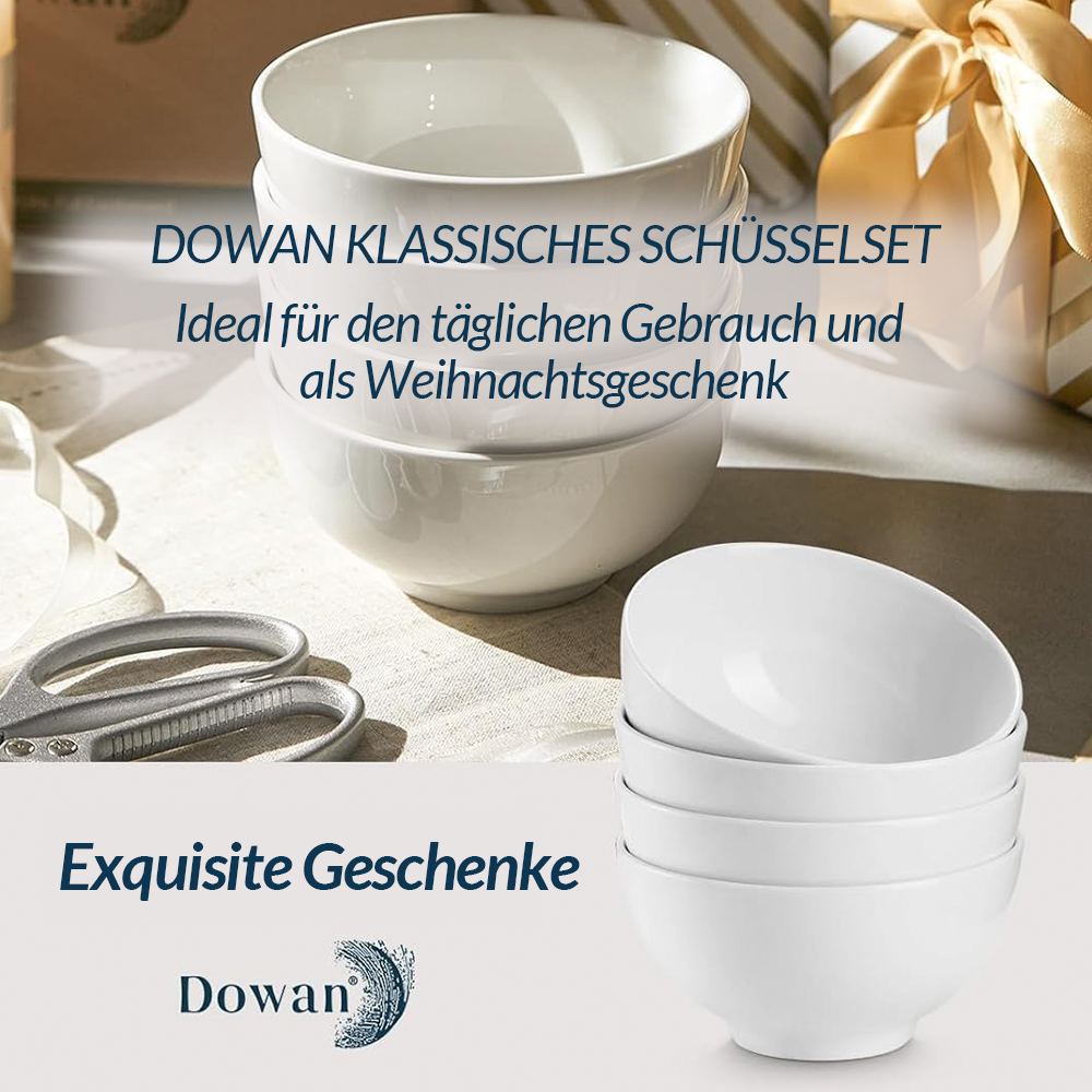 Una pila di ciotole bianche con testo: DOWAN KLASSISCHES SCHÜSSELSET. Ideale per l'uso quotidiano e Natale.
