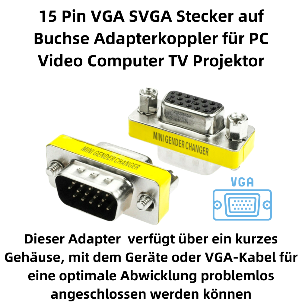 Zwei VGA-Adapterstecker. Gelbes Etikett: Mini Gender Changer. Nahaufnahme.