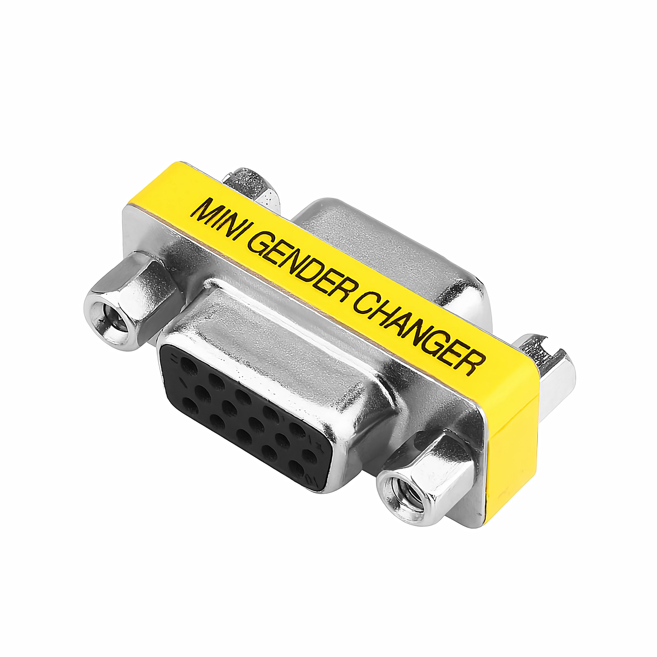 VGA-Adapter. Gelbes Etikett: Mini Gender Changer. Silberner Stecker mit Schrauben.