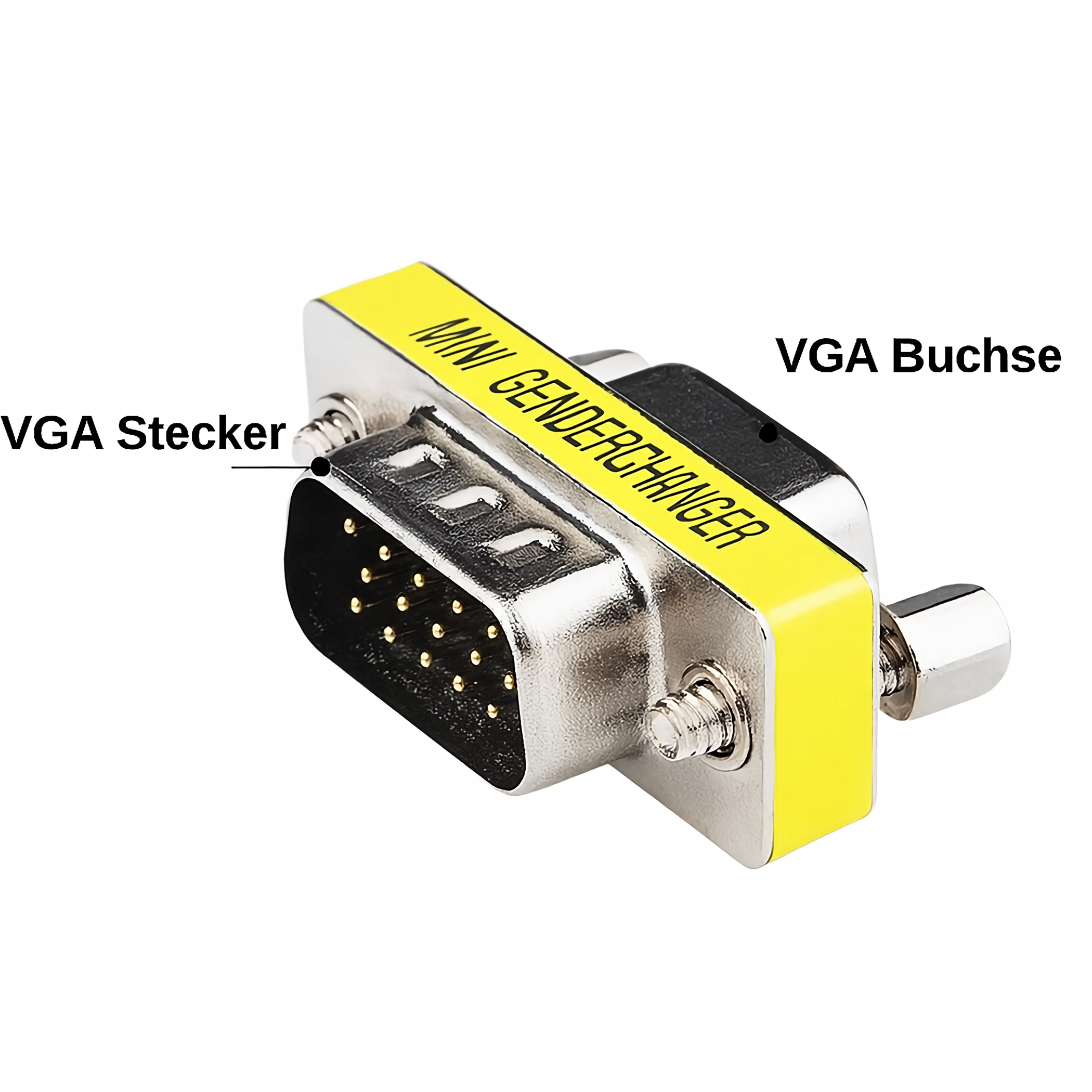 Ein VGA-Adapter mit gelbem Etikett. Er hat einen VGA-Stecker und eine VGA-Buchse. Es ist silberfarben.