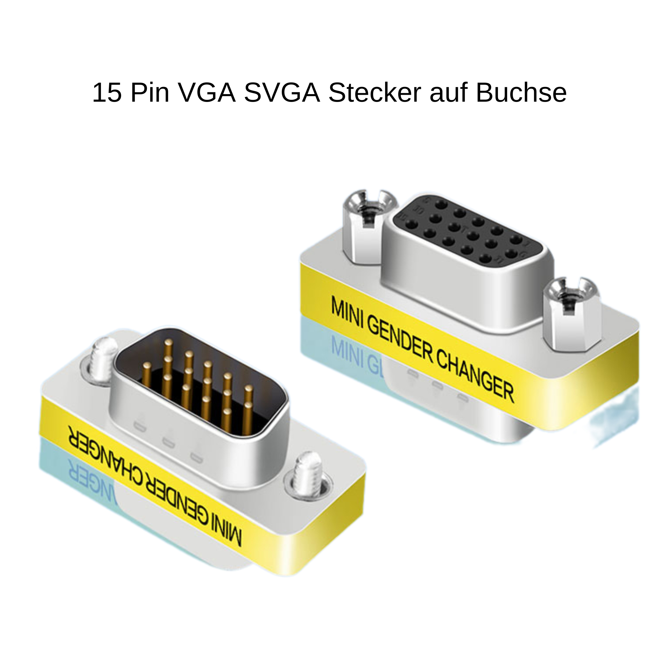 Zwei Mini-Gender-Changer. Gelb und Silber mit 15-poligem VGA SVGA-Anschluss auf weißem Hintergrund.