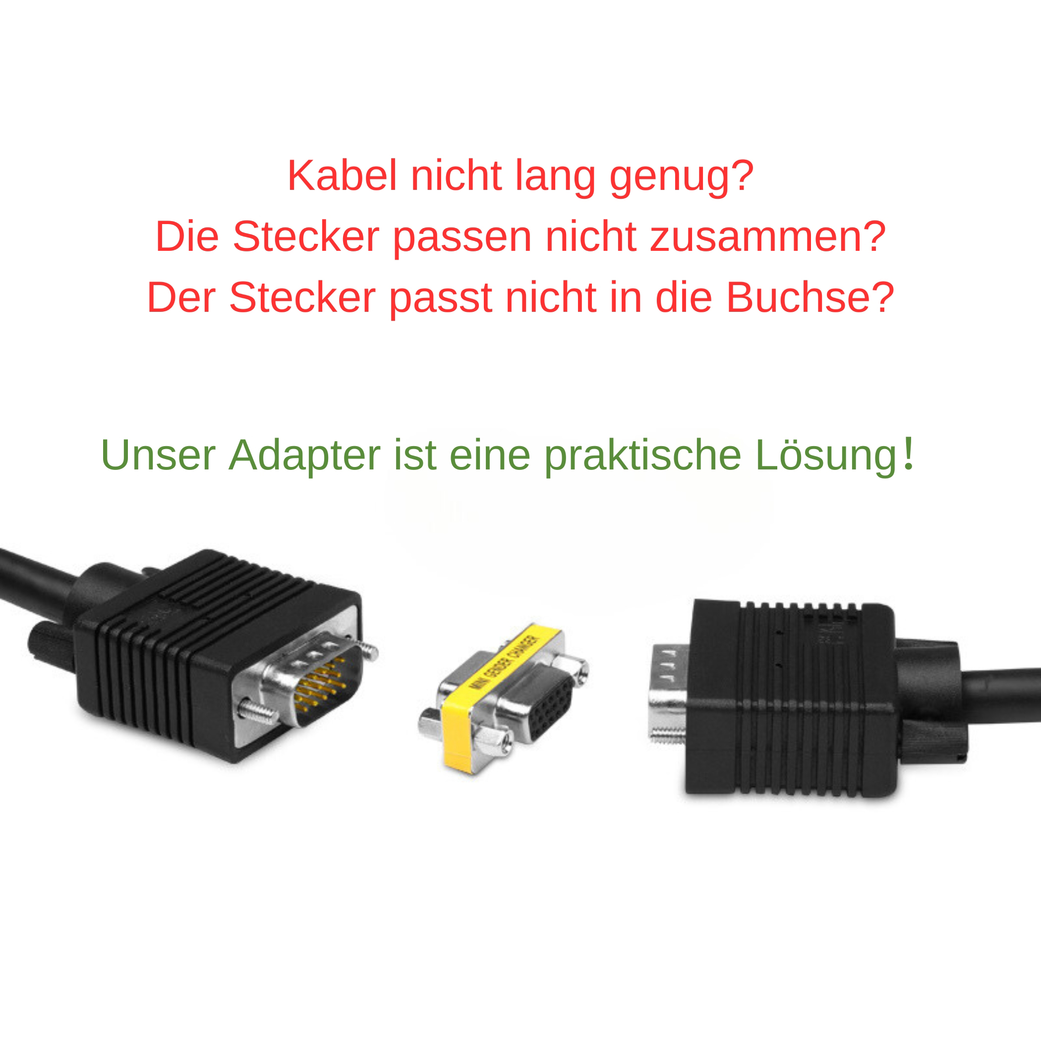 Drei Anschlüsse, mit Text auf Deutsch: Adapter ist eine praktische Lösung! Kabel, Stecker und Buchsen.