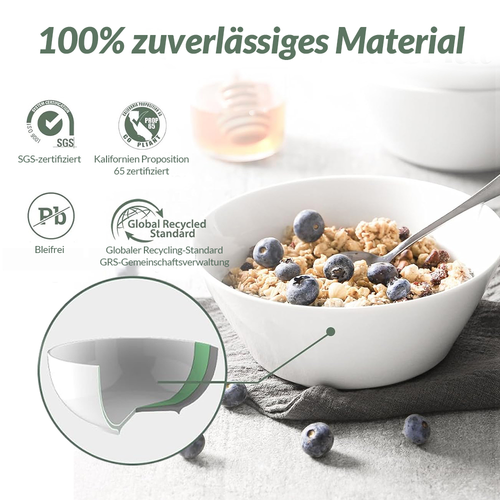 Una ciotola di granola con mirtilli e altre ciotole con cibo. Il testo dice 'Materiale affidabile al 100%.