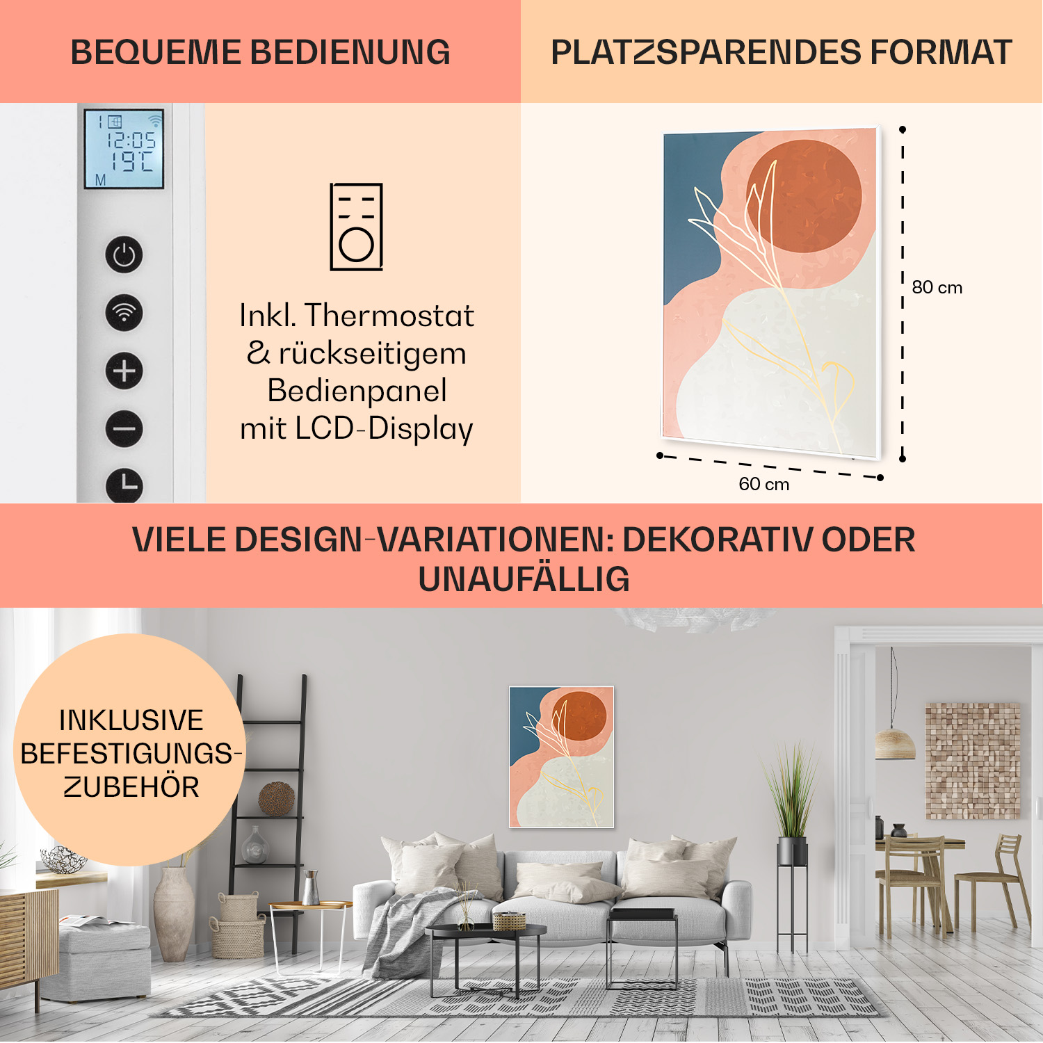 Wandkunst mit Fernbedienung und Möbel in einem Raum, mit Abmessungen und Designoptionen.