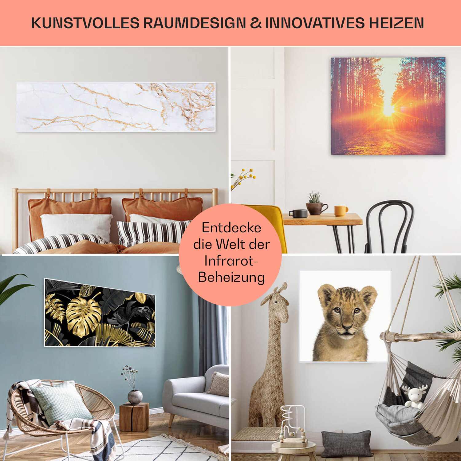 Collage von Wohndekorszene mit Kunst und einem kleinen Löwenjungen.