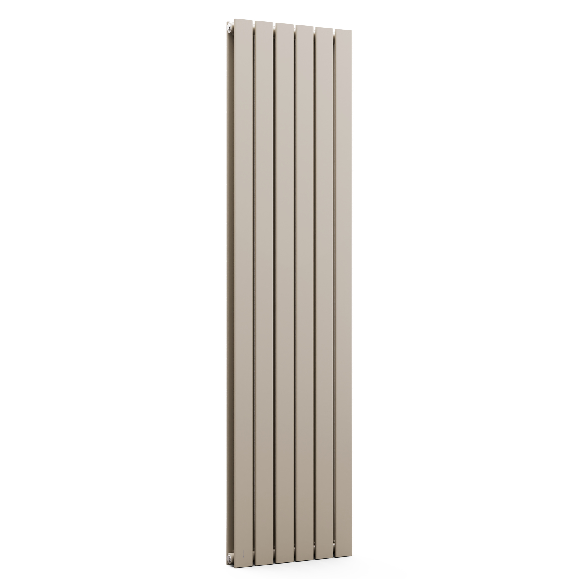 Un radiatore verticale beige con sette pannelli piatti, isolato su bianco.
