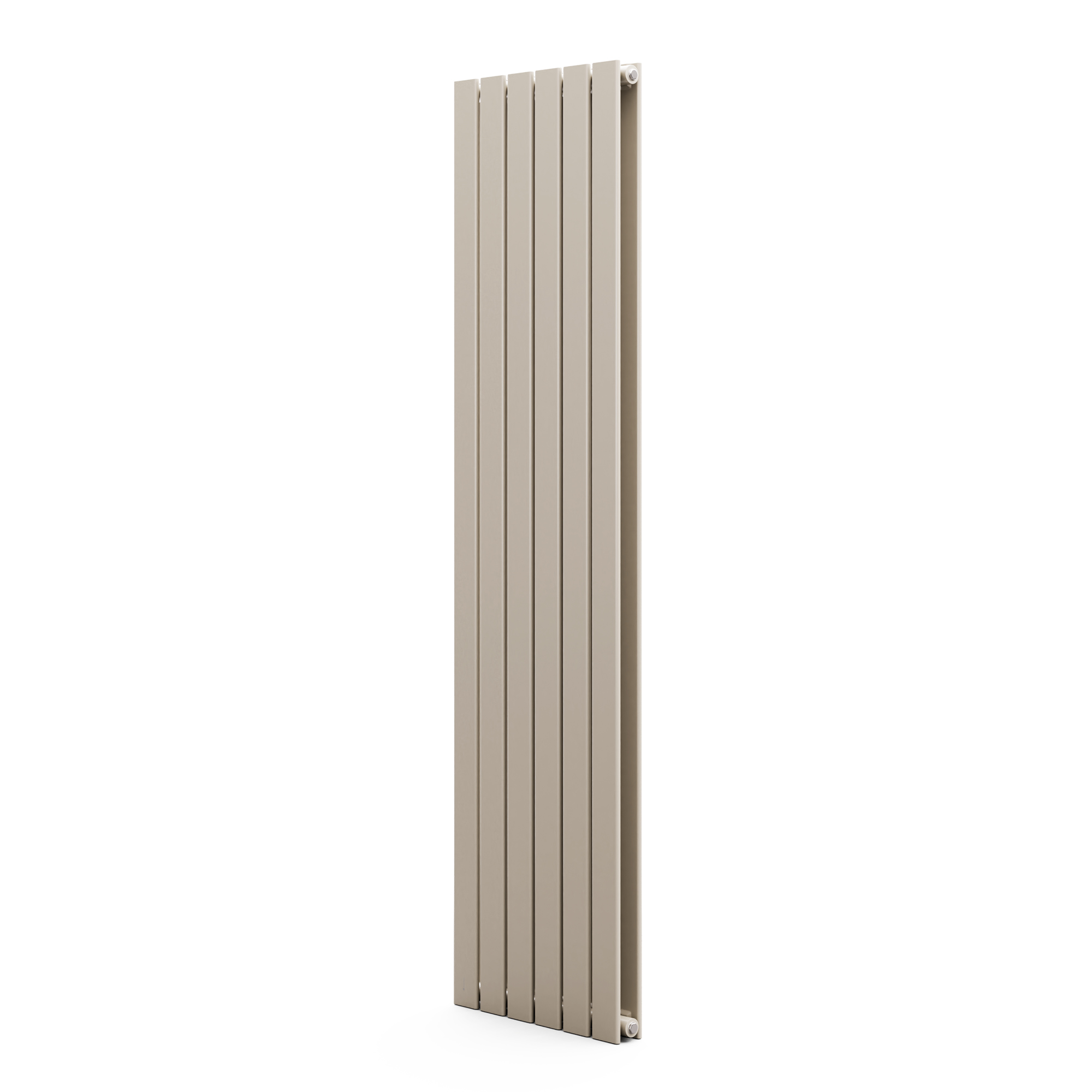 Un radiatore verticale beige su sfondo bianco. Ha sette pannelli verticali.