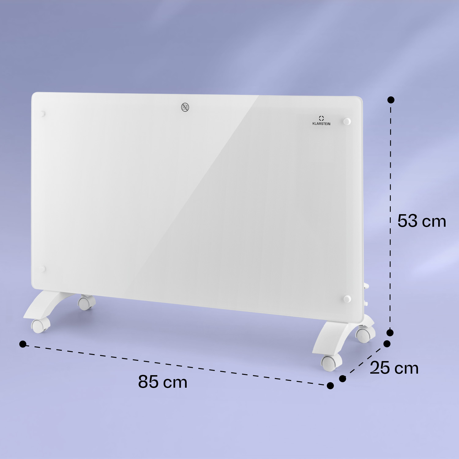 Un riscaldatore bianco con dimensioni espresse in centimetri.