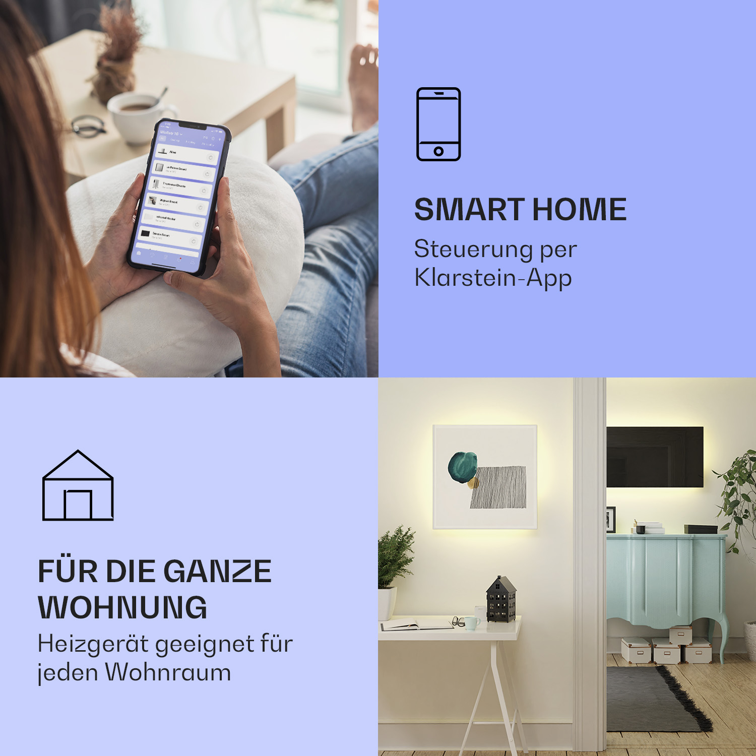 Eine Werbung mit einer Frau, die ein Telefon benutzt, und einer Smart-Home-Grafik, mit deutschem Text.