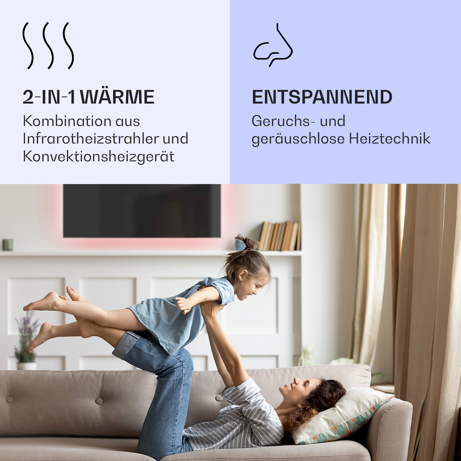 Eine Werbung mit Mutter und Tochter auf einem Sofa, mit deutschem Text zum Thema Heizen.