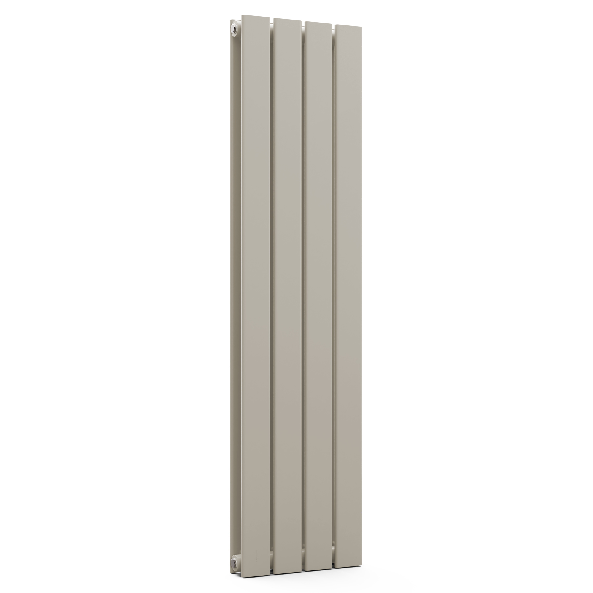 Un radiatore beige verticale, alto, con quattro barre verticali equidistanti.