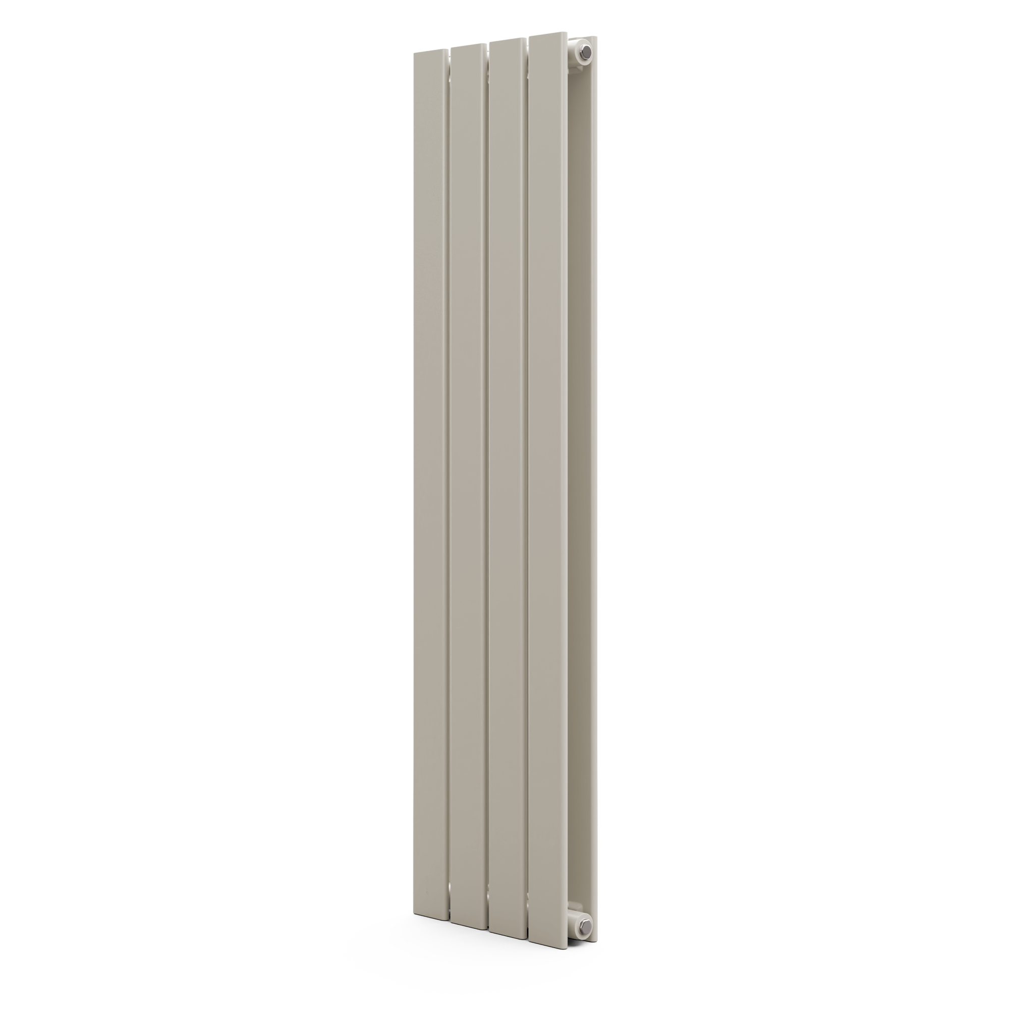 Un radiatore verticale alto, beige, con lamelle verticali. È in piedi su uno sfondo bianco.
