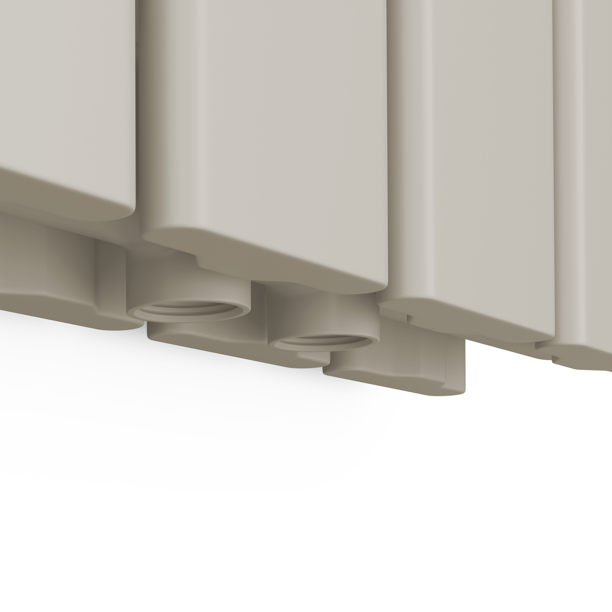 Primo piano di pannelli radianti beige. I pannelli hanno un design verticale con bordi arrotondati.