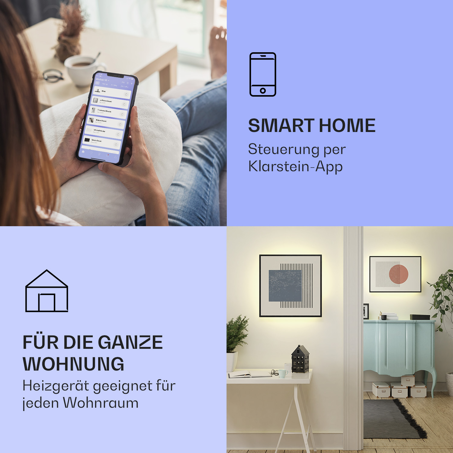 Una persona usando un teléfono inteligente, con imágenes de decoración del hogar y texto sobre fondo azul.