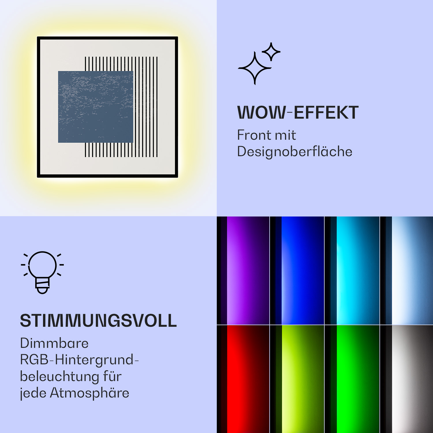 Pieza de arte abstracto con luz alrededor, y texto sobre iluminación y ambiente.