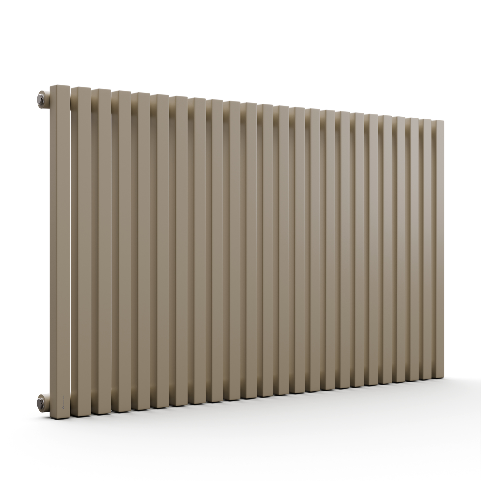Un lungo radiatore verticale beige con barre verticali, su sfondo bianco.