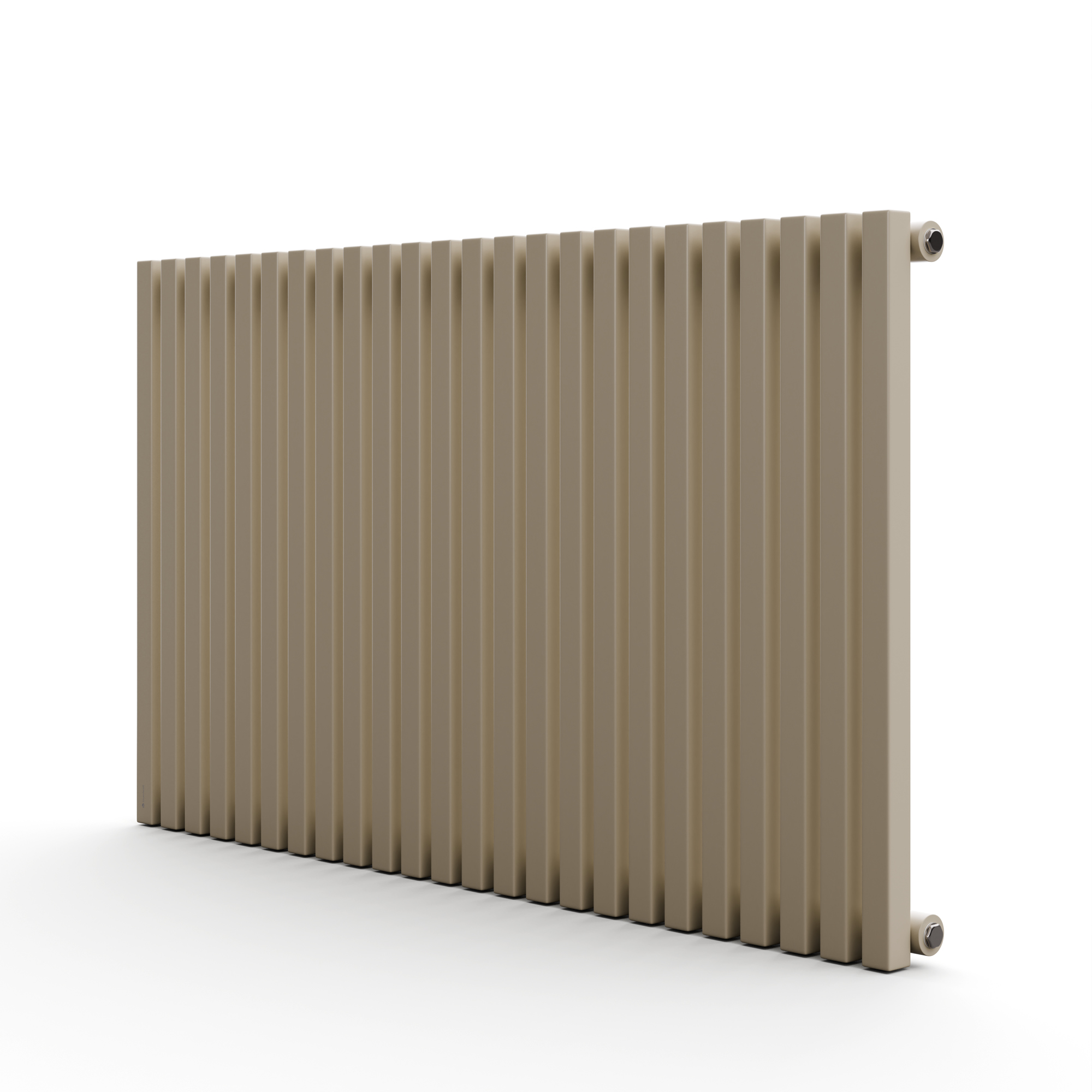 Un radiatore beige con barre verticali, posizionato ad angolo, su sfondo bianco.
