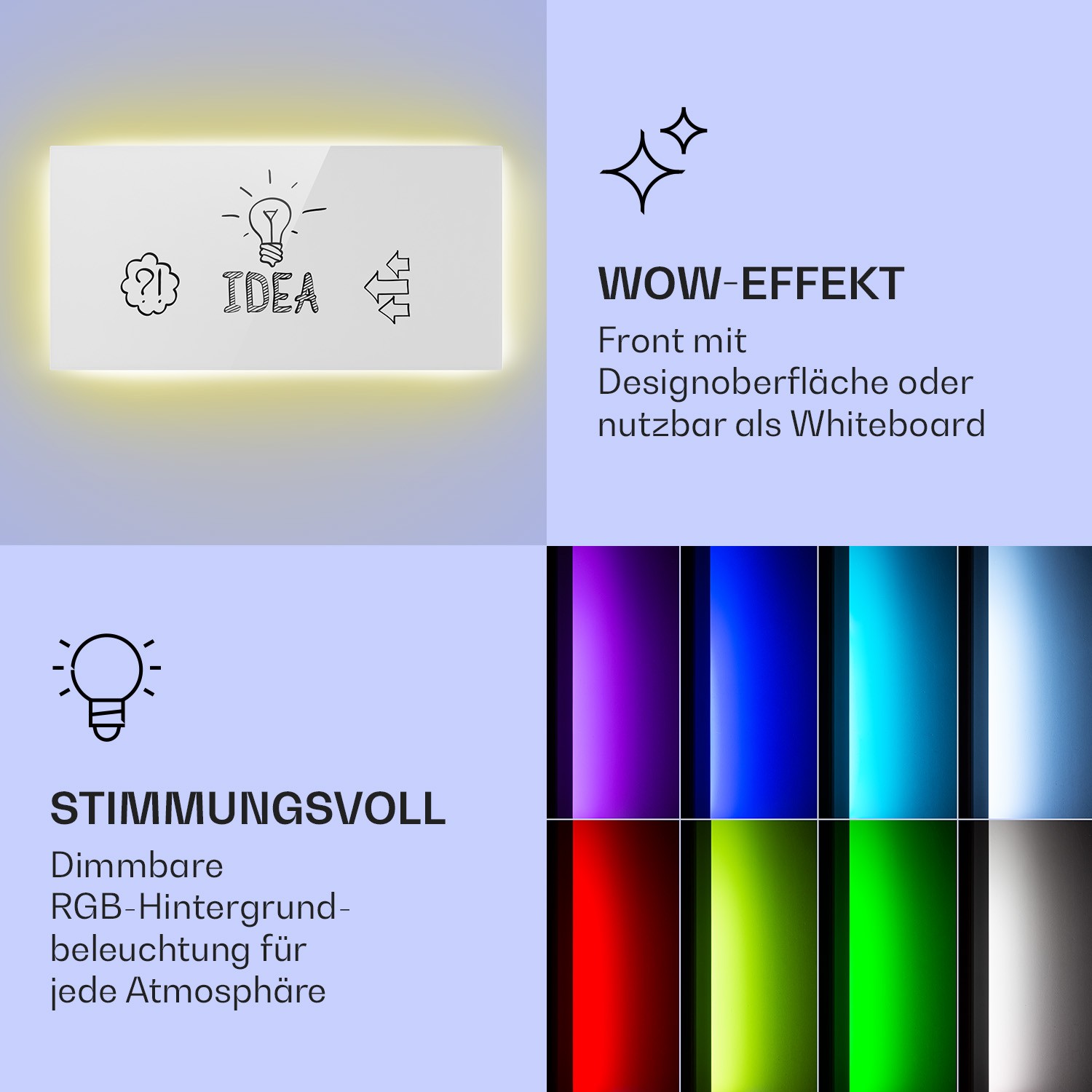 Imagen que muestra una pizarra blanca con un icono de bombilla de idea y fondo colorido.