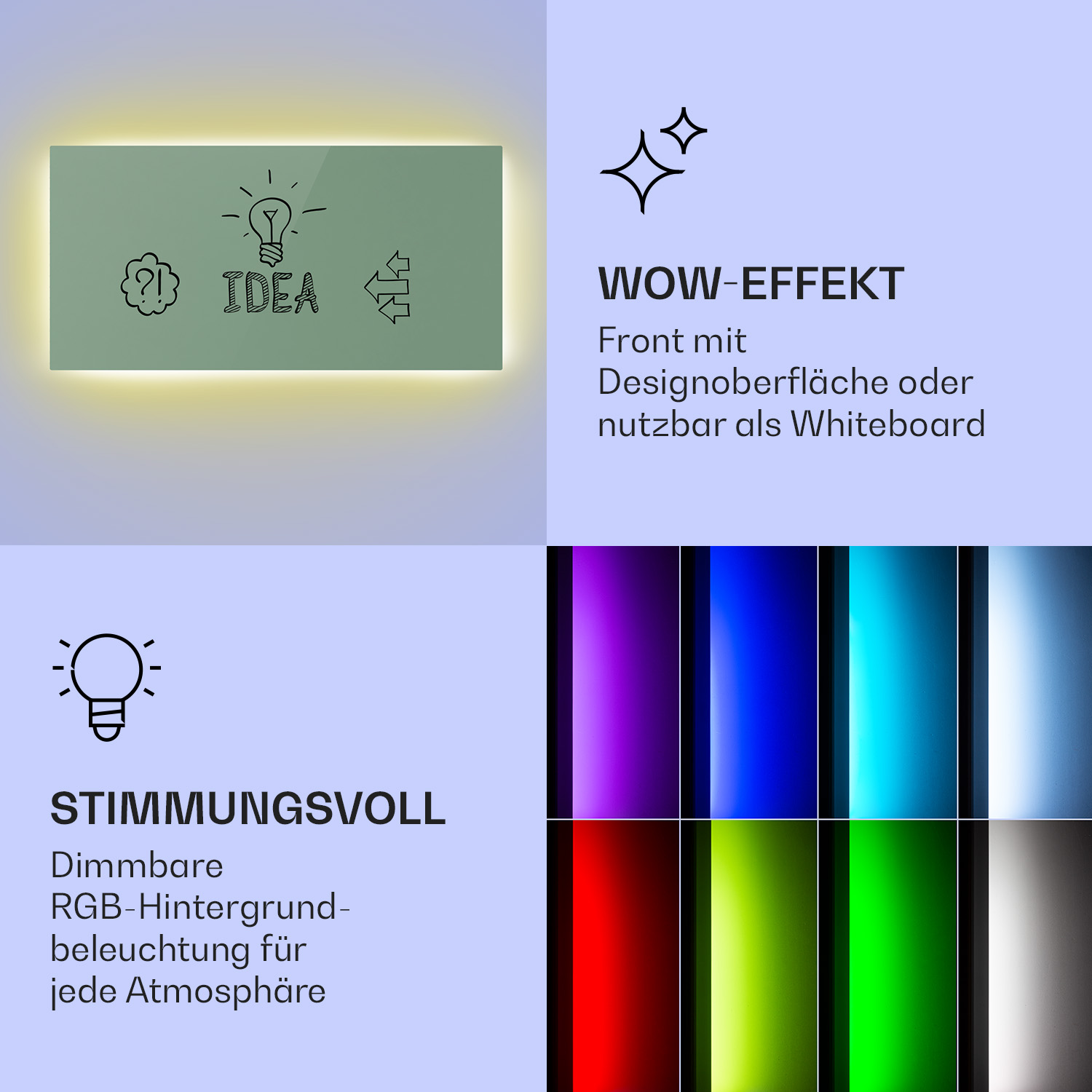 Un panel con un boceto de idea. También muestra el efecto WOW, retroiluminación RGB regulable y opciones de color.