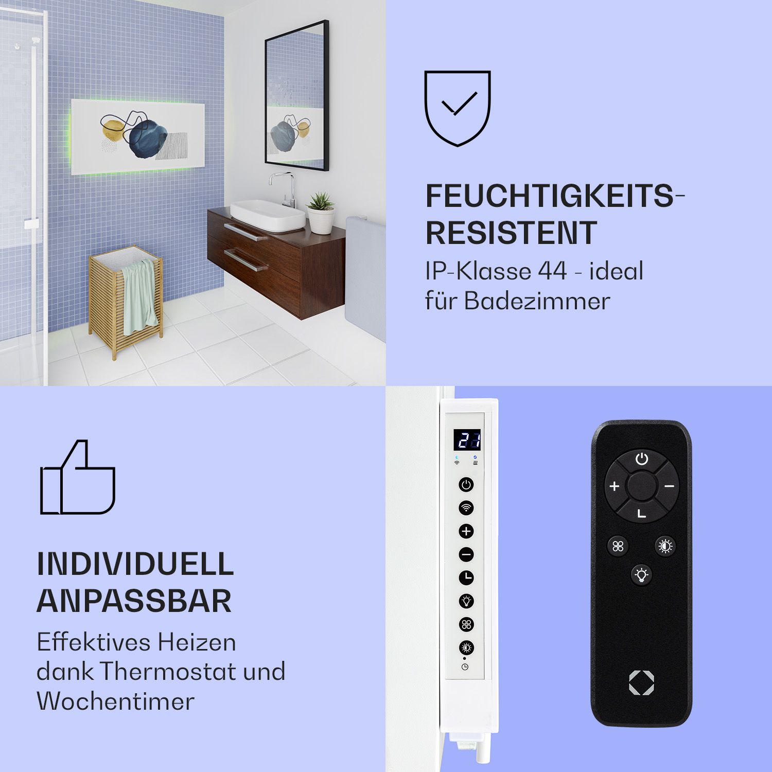 Baño con calefactor de pared, mando a distancia e iconos que muestran características como resistencia a la humedad y temporizador.