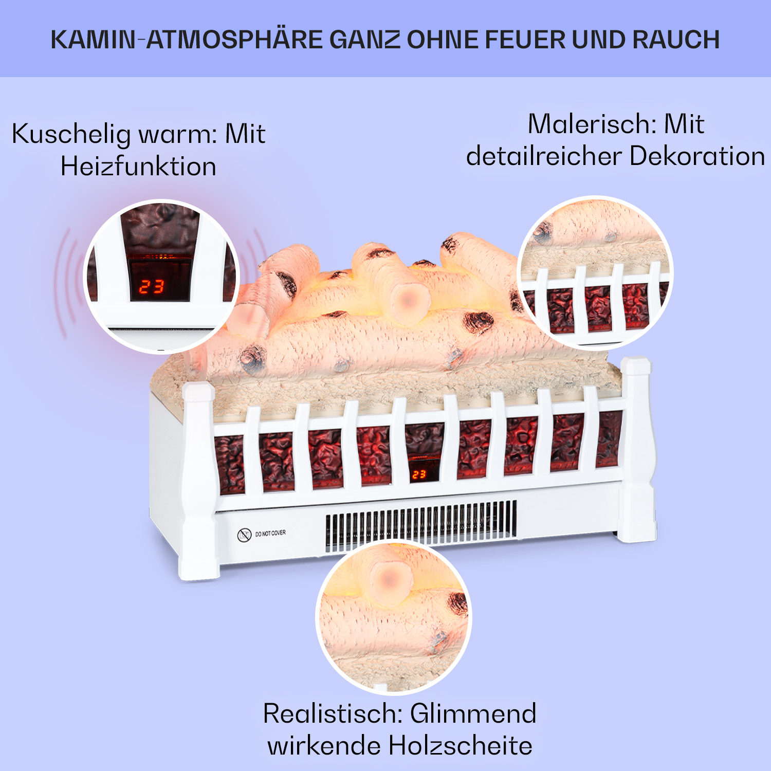 Ein Kamin mit leuchtenden Kunstholzscheiten, weißem Rahmen und digitaler Temperaturanzeige, mit Titel oben.
