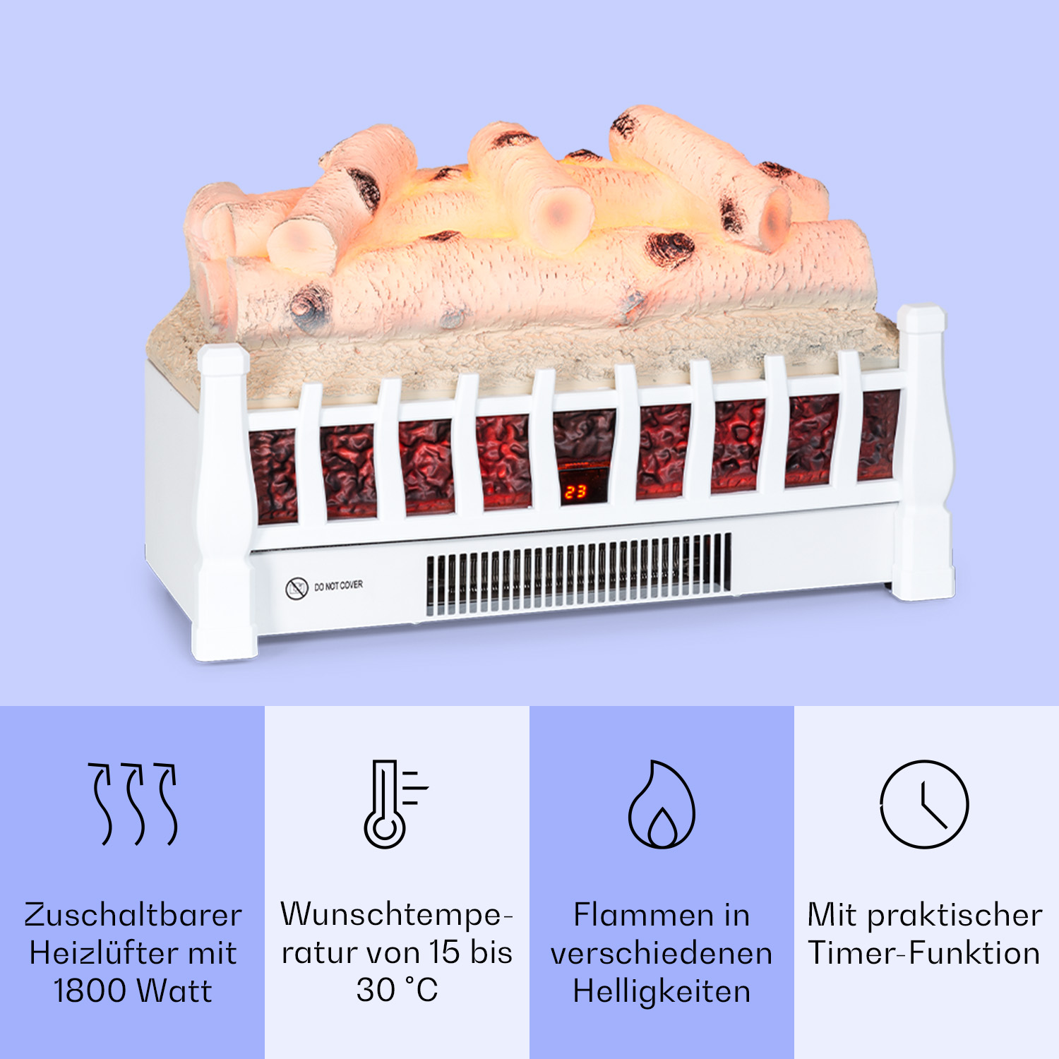 Ein weißer Kamin mit Kunstholzscheiten, weißem Rahmen, schwarzem Lüfter und Symbolen, die Funktionen darstellen.