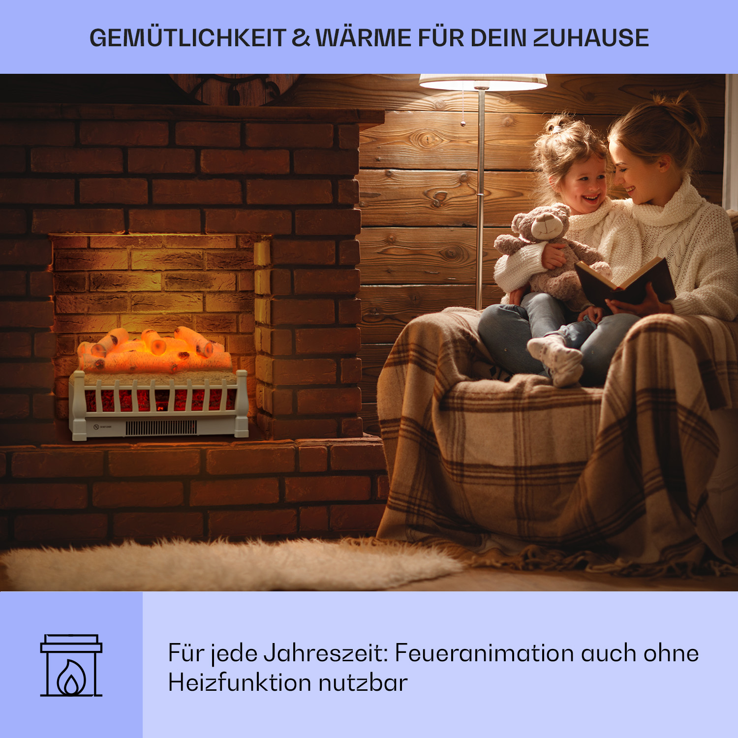 Ein Wohnzimmer mit Kamin, einer Frau und einem Kind, das ein Buch liest, mit einer Illustration darunter.