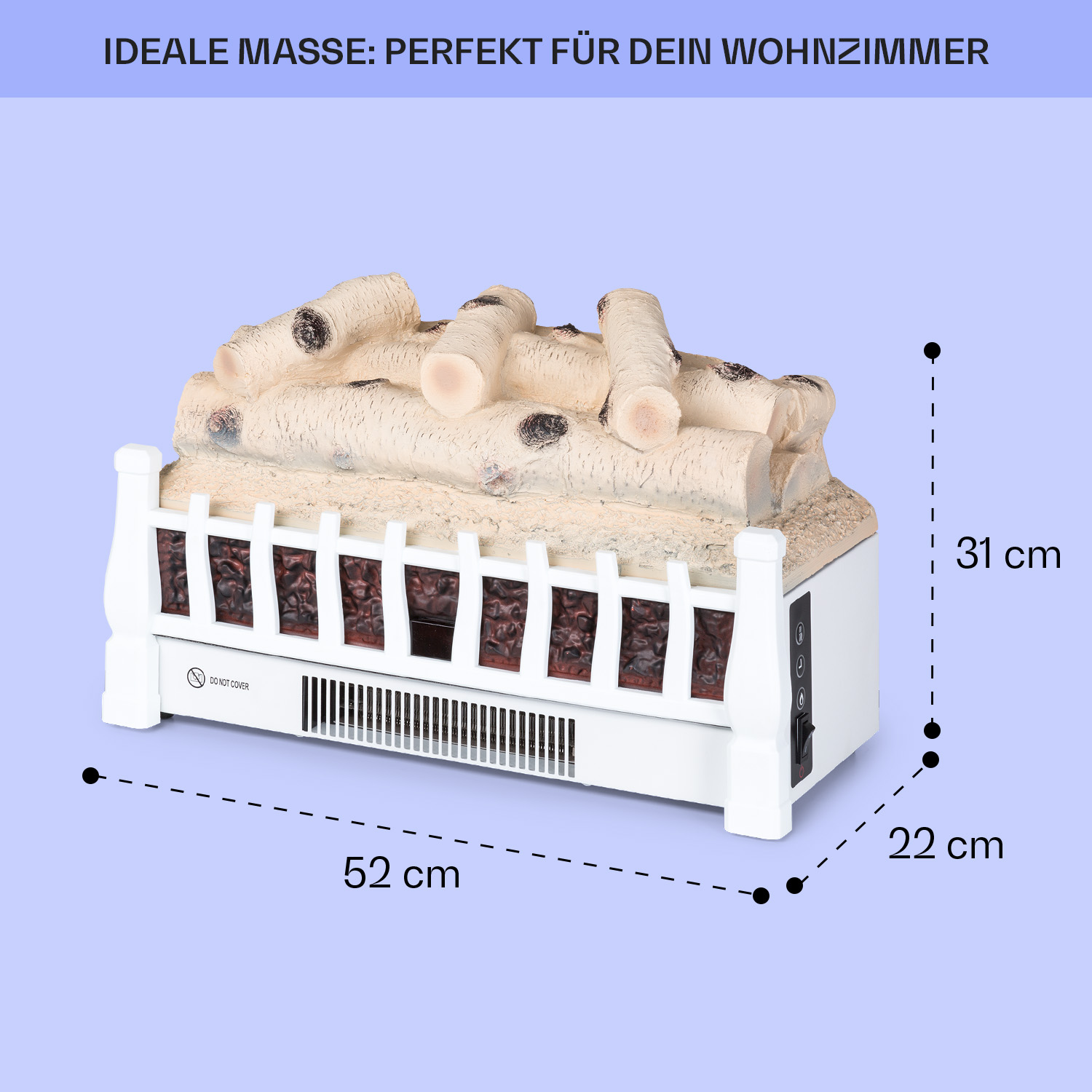 Ein weißer Kamin mit Kunstholzscheiten, weißem Rahmen, schwarzem Lüfter und Abmessungen in cm.