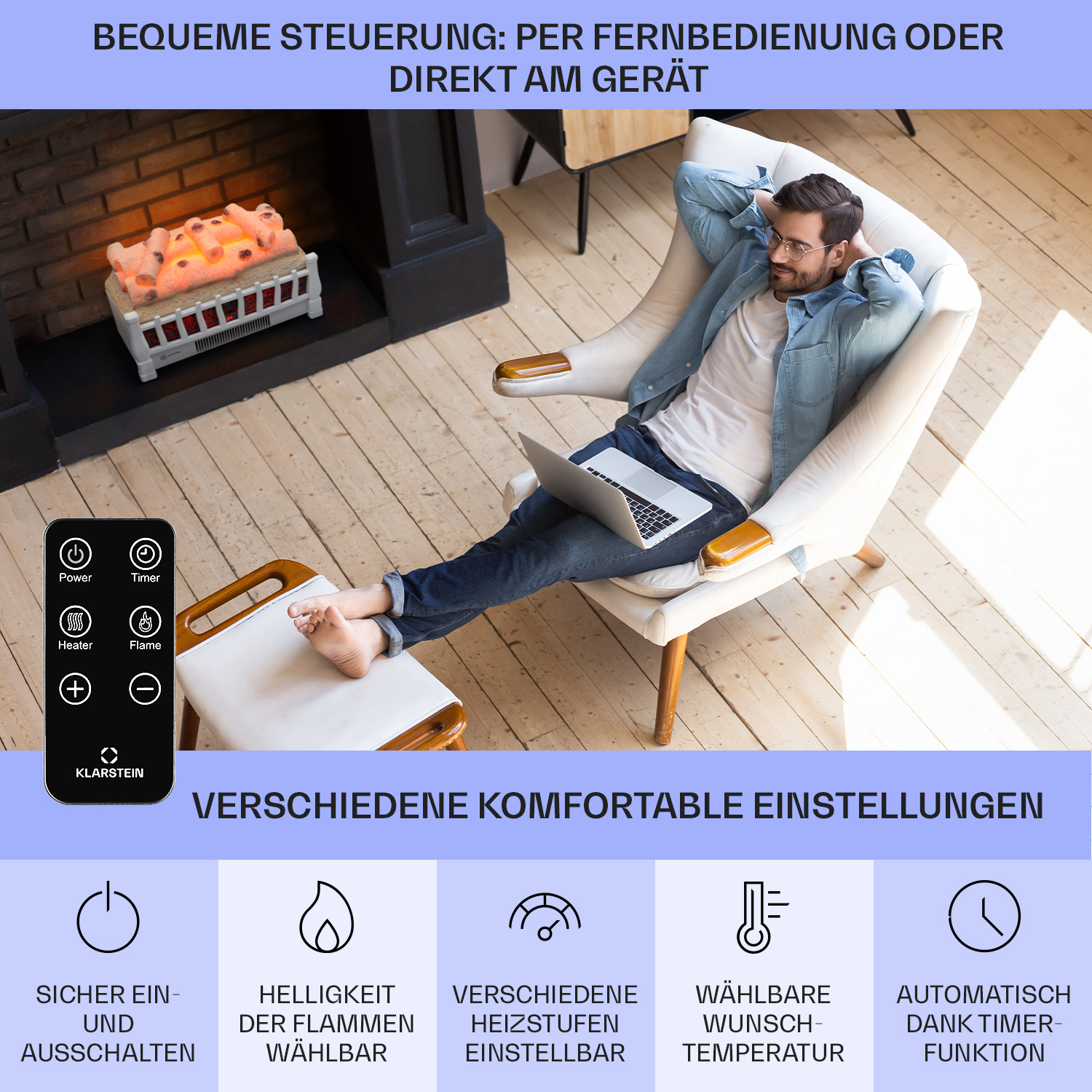 Mann entspannt sich mit Laptop und Fernbedienung vor Kaminfeuer.