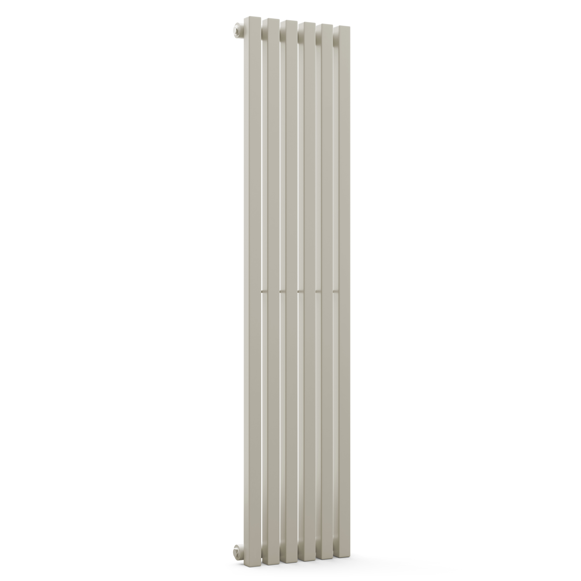 Un termosifone verticale con barre verticali su sfondo bianco.