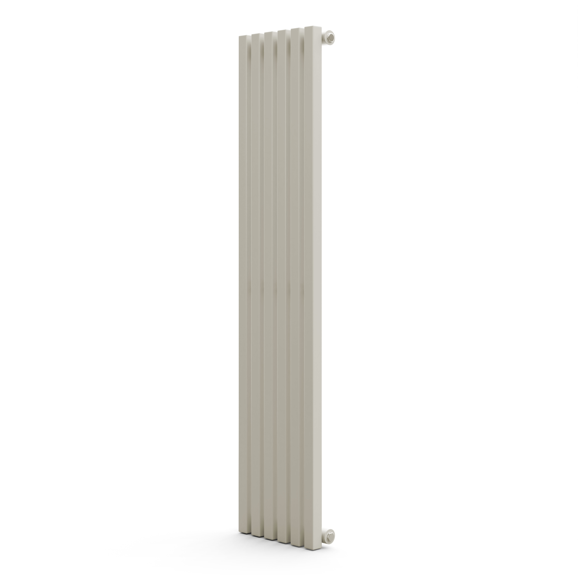 Un termosifone verticale con barre verticali su sfondo bianco.