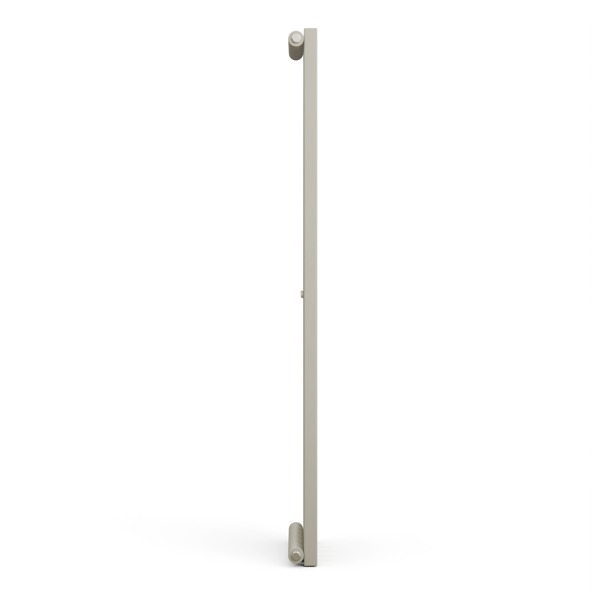 Un radiatore alto, beige, con barre verticali, visto di lato, su sfondo bianco.