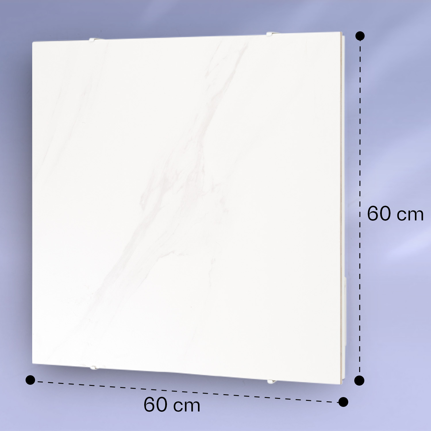 Pannello bianco quadrato con linee di dimensione su sfondo sfumato viola.