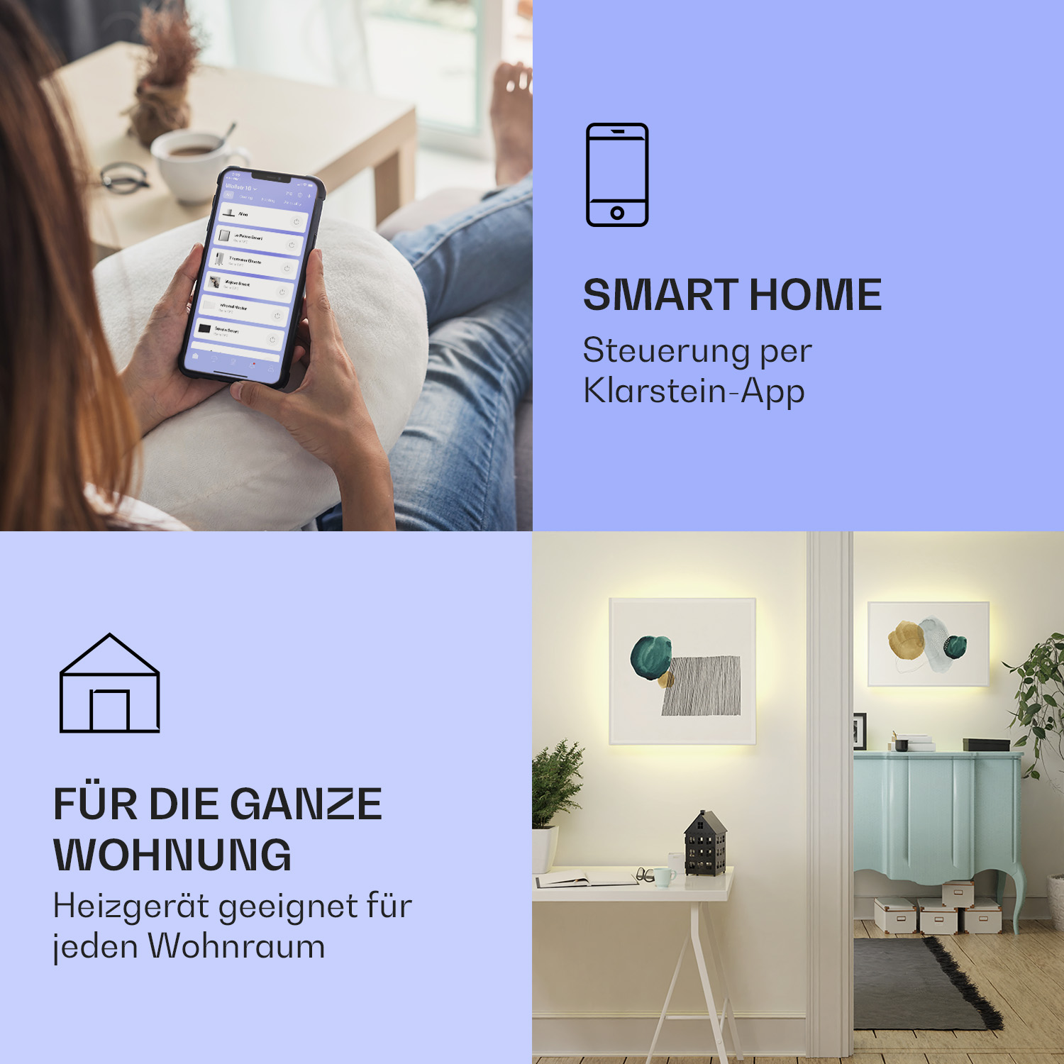 Concepto de hogar inteligente con teléfono, texto e imágenes de habitaciones con calefacción.