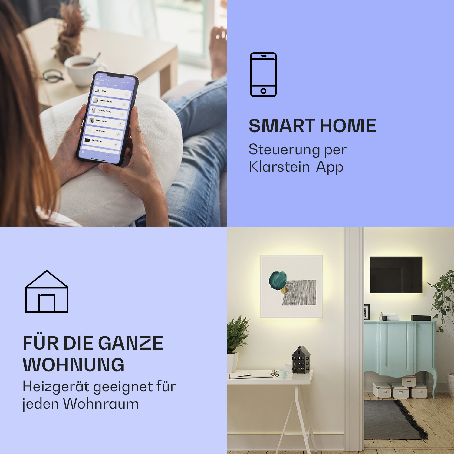 Badezimmerinterieur mit blauer Fliesenwand, Spiegel und weißem Heizkörper mit Fernbedienung.