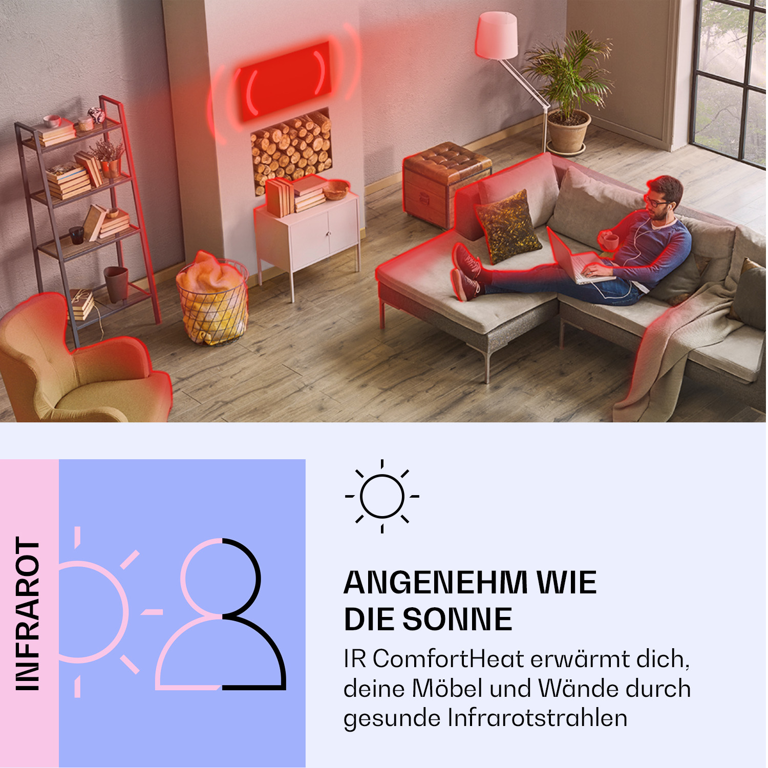 Badezimmerinterieur mit blauer Fliesenwand, Spiegel und weißem Heizkörper mit Fernbedienung.