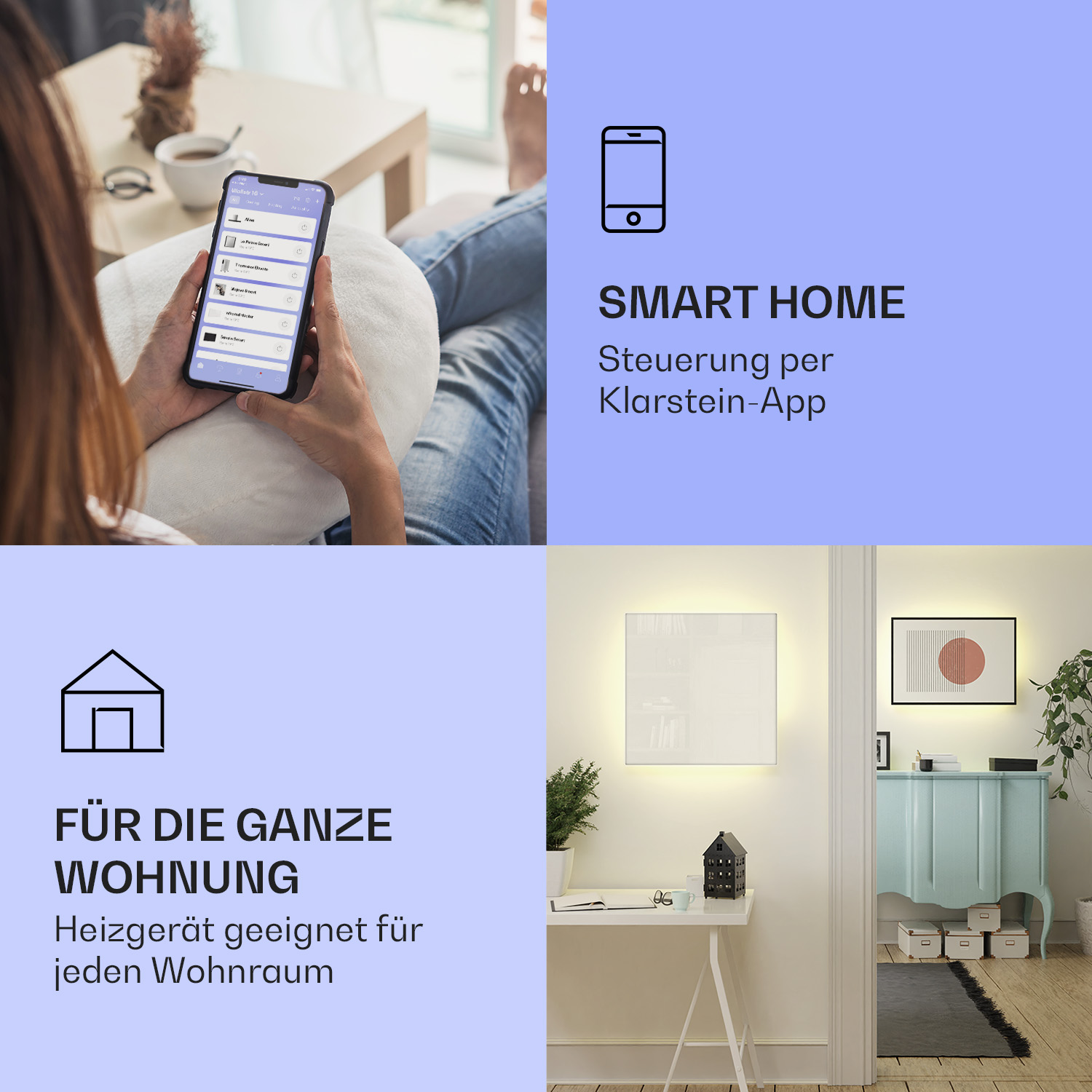 Una persona sostiene un teléfono con una interfaz de hogar inteligente. Hay un panel de pared y una puerta en el fondo.