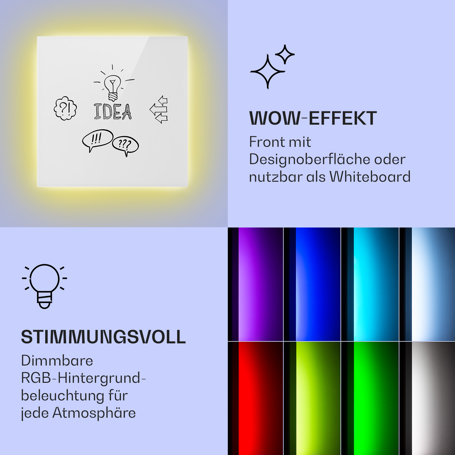 Cuadrado blanco con bombilla e iconos de idea. Texto: Idea. También visibles interrogaciones y flechas.