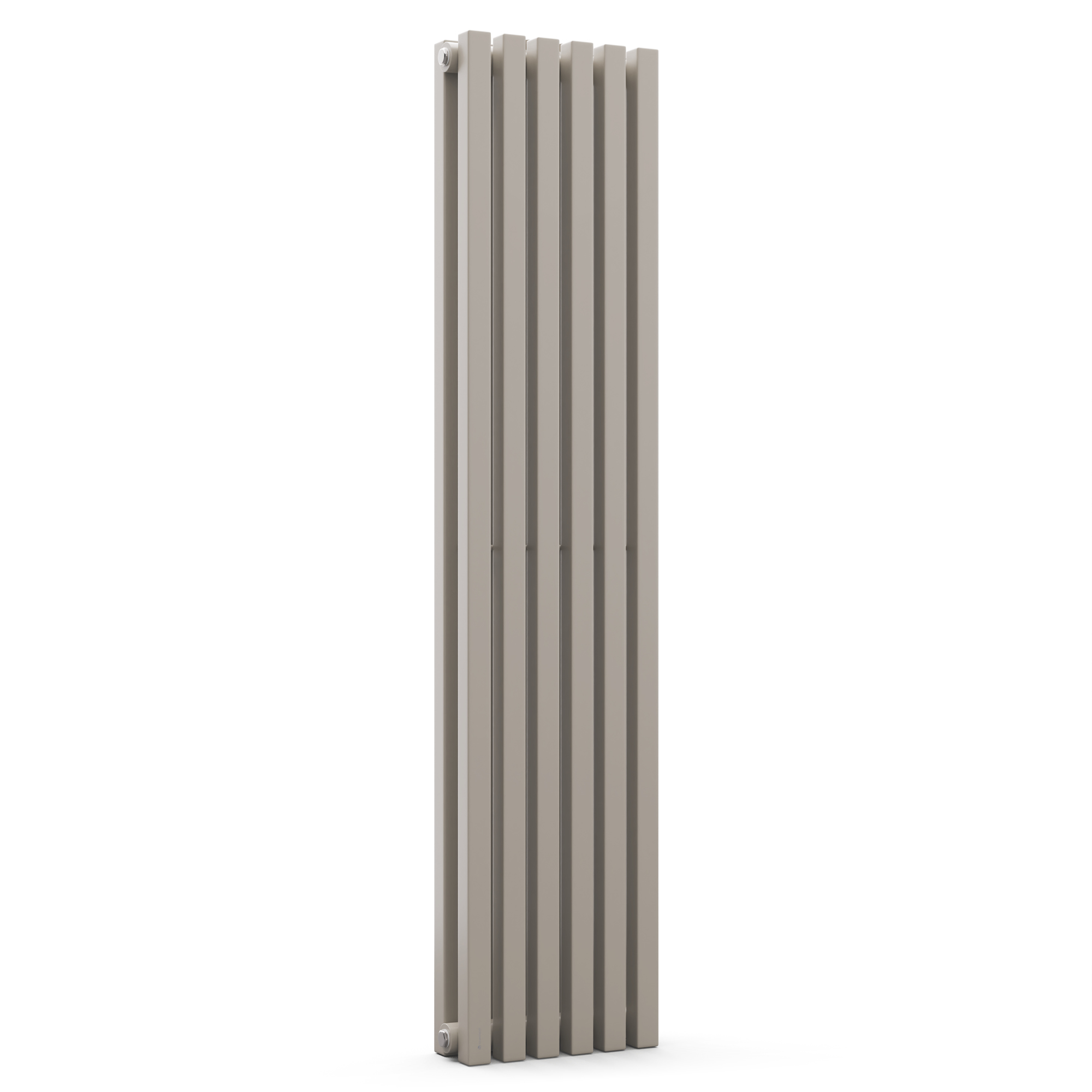 Un radiatore alto e verticale con cinque barre verticali, colore beige e sfondo bianco.