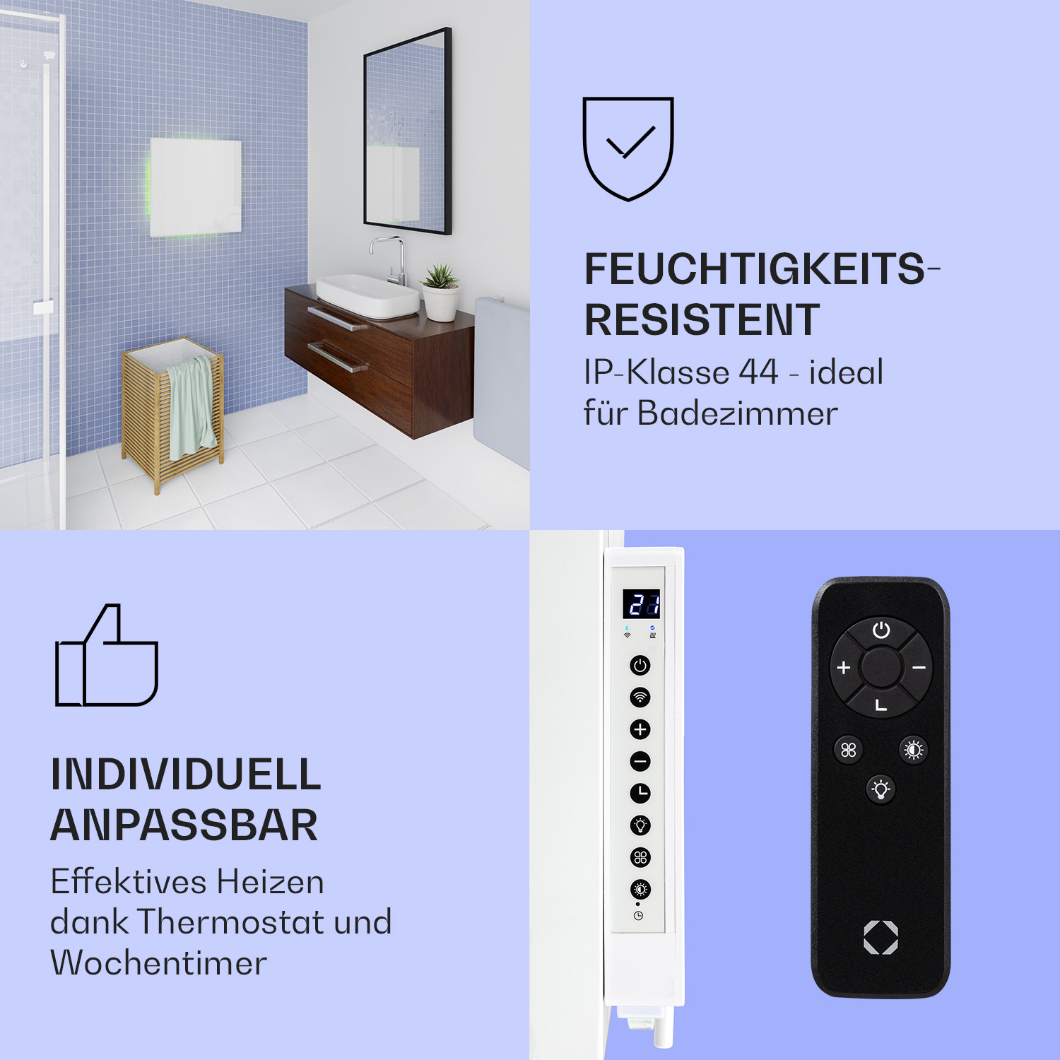 Baño con un calefactor de pared. Un mando a distancia yace junto a él. Texto: Resistente a la humedad.