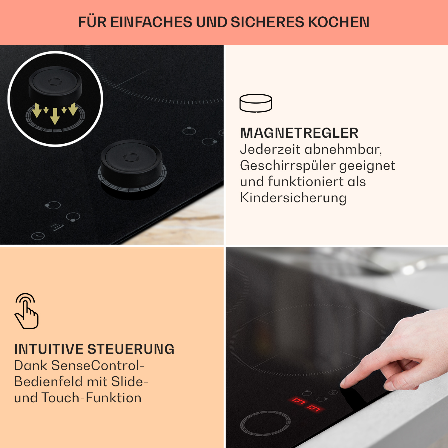 Ein schwarzes Kochfeld mit Diagrammen zu Steuerung und Funktionen. Text: für einfaches und sicheres Kochen.