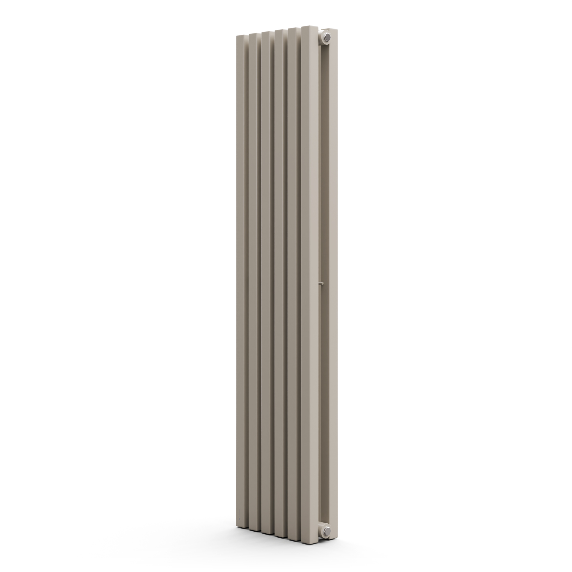 Radiatore verticale, alto, beige con multiple barre verticali. Si erge su uno sfondo bianco.